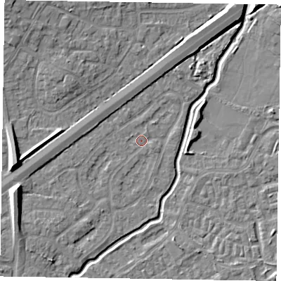 Shaded relief map of the ground around GU148SQ, computed from Environment Agency LiDAR. The ground here sits at about 61 m above sea level and falls 11 m across the surrounding 800 m. Surface water reaching this point runs off ground lying to the west, 1.3 m higher.