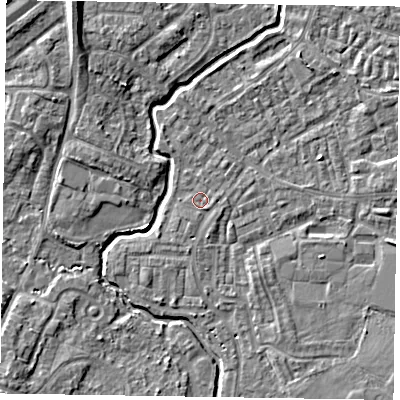 Shaded relief map of the ground around GU148SU, computed from Environment Agency LiDAR. The ground here sits at about 61 m above sea level and falls 8 m across the surrounding 800 m. Surface water reaching this point runs off ground lying to the south-south-west, 0.9 m higher.