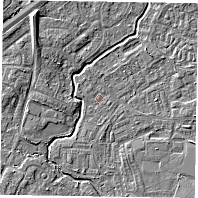 Shaded relief map of the ground around GU148SX, computed from Environment Agency LiDAR. The ground here sits at about 61 m above sea level and falls 10 m across the surrounding 800 m. Surface water reaching this point runs off ground lying to the east-south-east, 2.1 m higher.