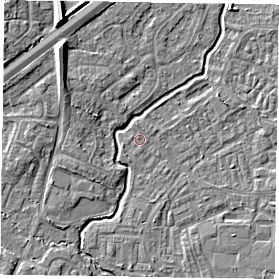Shaded relief map of the ground around GU148SY, computed from Environment Agency LiDAR. The ground here sits at about 61 m above sea level and falls 10 m across the surrounding 800 m. Surface water reaching this point runs off ground lying to the north, 0.6 m higher.