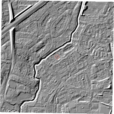 Shaded relief map of the ground around GU148SZ, computed from Environment Agency LiDAR. The ground here sits at about 60 m above sea level and falls 10 m across the surrounding 800 m. Surface water reaching this point runs off ground lying to the south-west, 1.1 m higher.