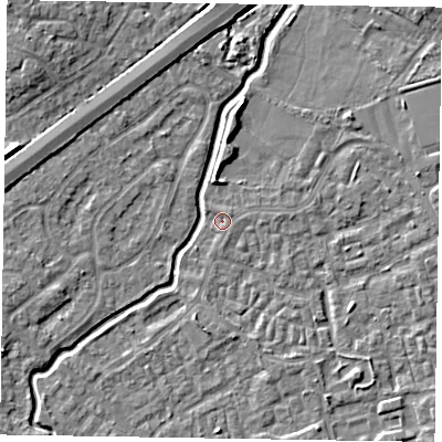 Shaded relief map of the ground around GU148TA, computed from Environment Agency LiDAR. The ground here sits at about 60 m above sea level and falls 6 m across the surrounding 800 m. Surface water reaching this point runs off ground lying to the north-east, 0.9 m higher.