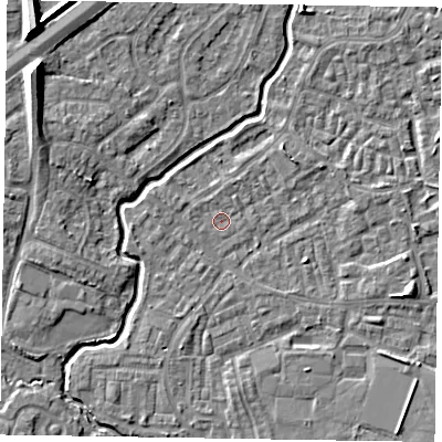 Shaded relief map of the ground around GU148TB, computed from Environment Agency LiDAR. The ground here sits at about 61 m above sea level and falls 10 m across the surrounding 800 m. Surface water reaching this point runs off ground lying to the south-east, 2.5 m higher.