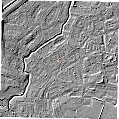 Shaded relief map of the ground around GU148TD, computed from Environment Agency LiDAR. The ground here sits at about 61 m above sea level and falls 10 m across the surrounding 800 m. Surface water reaching this point runs off ground lying to the south-east, 2.5 m higher.