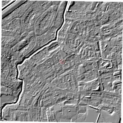 Shaded relief map of the ground around GU148TE, computed from Environment Agency LiDAR. The ground here sits at about 61 m above sea level and falls 6 m across the surrounding 800 m. Surface water reaching this point runs off ground lying to the south-east, 3.1 m higher.