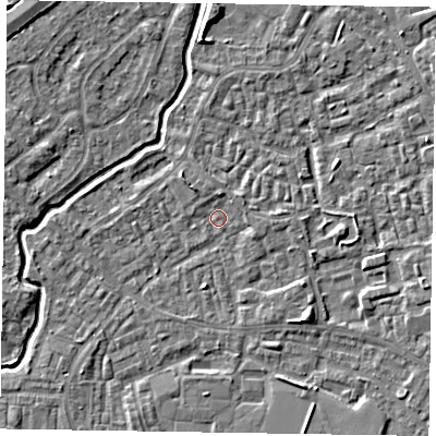 Shaded relief map of the ground around GU148TF, computed from Environment Agency LiDAR. The ground here sits at about 61 m above sea level and falls 4 m across the surrounding 800 m. Surface water reaching this point runs off ground lying to the south-east, 3.1 m higher.