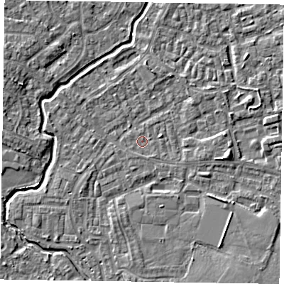 Shaded relief map of the ground around GU148TG, computed from Environment Agency LiDAR. The ground here sits at about 61 m above sea level and falls 4 m across the surrounding 800 m. Surface water reaching this point runs off ground lying to the east, 2.9 m higher.