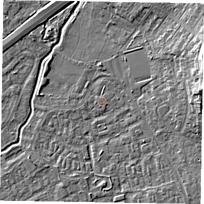 Shaded relief map of the ground around GU148TN, computed from Environment Agency LiDAR. The ground here sits at about 61 m above sea level and falls 12 m across the surrounding 800 m. Surface water reaching this point runs off ground lying to the east, 9.1 m higher.