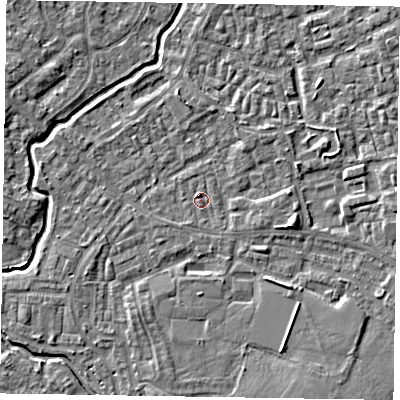 Shaded relief map of the ground around GU148TQ, computed from Environment Agency LiDAR. The ground here sits at about 61 m above sea level and falls 4 m across the surrounding 800 m. Surface water reaching this point runs off ground lying to the east-south-east, 2.9 m higher.