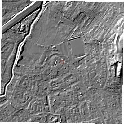 Shaded relief map of the ground around GU148TW, computed from Environment Agency LiDAR. The ground here sits at about 60 m above sea level and falls 14 m across the surrounding 800 m. Surface water reaching this point runs off ground lying to the east, 12.1 m higher.