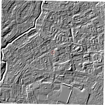 Shaded relief map of the ground around GU148UF, computed from Environment Agency LiDAR. The ground here sits at about 60 m above sea level and falls 4 m across the surrounding 800 m. Surface water reaching this point runs off ground lying to the south-east, 2.9 m higher.