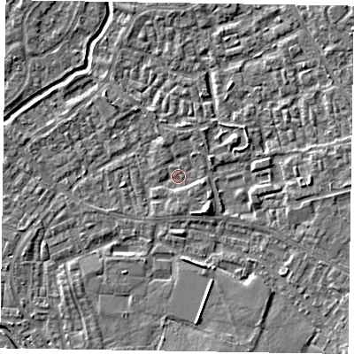 Shaded relief map of the ground around GU148UJ, computed from Environment Agency LiDAR. The ground here sits at about 61 m above sea level and falls 4 m across the surrounding 800 m. Surface water reaching this point runs off ground lying to the south-east, 2.8 m higher.