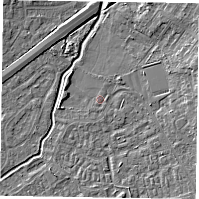 Shaded relief map of the ground around GU148XA, computed from Environment Agency LiDAR. The ground here sits at about 61 m above sea level and falls 7 m across the surrounding 800 m. Surface water reaching this point runs off ground lying to the east-north-east, 5.7 m higher.