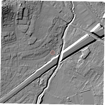 Shaded relief map of the ground around GU149AP, computed from Environment Agency LiDAR. The ground here sits at about 60 m above sea level and falls 20 m across the surrounding 800 m. Surface water reaching this point runs off ground lying to the north-west, 19.5 m higher.