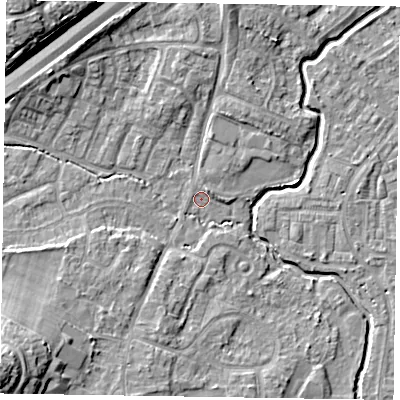 Shaded relief map of the ground around GU149DX, computed from Environment Agency LiDAR. The ground here sits at about 61 m above sea level and falls 13 m across the surrounding 800 m. Surface water reaching this point runs off ground lying to the west-north-west, 0.6 m higher.