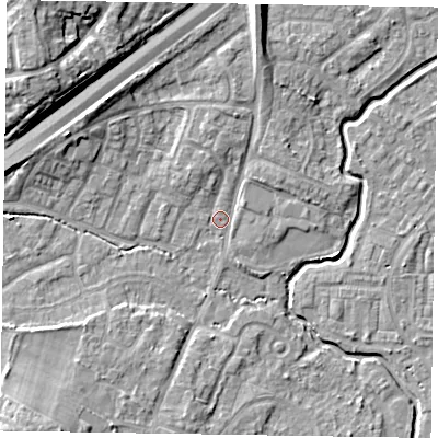 Shaded relief map of the ground around GU149DY, computed from Environment Agency LiDAR. The ground here sits at about 61 m above sea level and falls 12 m across the surrounding 800 m. Surface water reaching this point runs off ground lying to the north-north-east, 4.2 m higher.