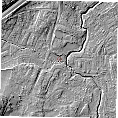 Shaded relief map of the ground around GU149DZ, computed from Environment Agency LiDAR. The ground here sits at about 61 m above sea level and falls 11 m across the surrounding 800 m. Surface water reaching this point runs off ground lying to the south-west, 9.6 m higher.