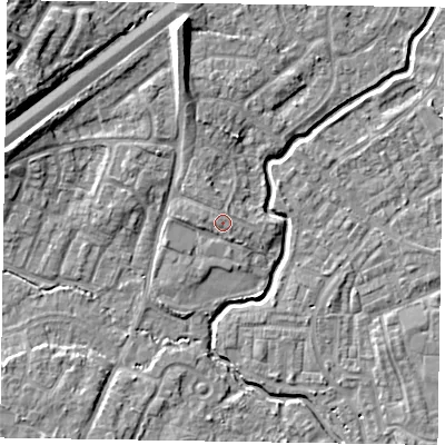Shaded relief map of the ground around GU149EA, computed from Environment Agency LiDAR. The ground here sits at about 62 m above sea level and falls 10 m across the surrounding 800 m. The ground contributing surface water to this point lies to the west-north-west.