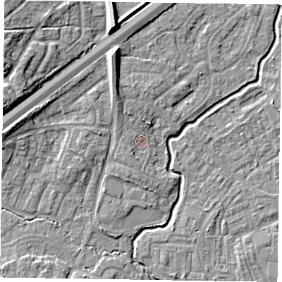 Shaded relief map of the ground around GU149EB, computed from Environment Agency LiDAR. The ground here sits at about 61 m above sea level and falls 10 m across the surrounding 800 m. Surface water reaching this point runs off ground lying to the north-north-west, 2.8 m higher.