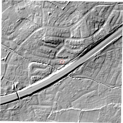 Shaded relief map of the ground around GU149JL, computed from Environment Agency LiDAR. The ground here sits at about 63 m above sea level and falls 11 m across the surrounding 800 m. Surface water reaching this point runs off ground lying to the east-north-east, 9.0 m higher.