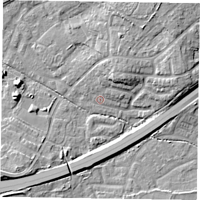 Shaded relief map of the ground around GU149JN, computed from Environment Agency LiDAR. The ground here sits at about 64 m above sea level and falls 12 m across the surrounding 800 m. Surface water reaching this point runs off ground lying to the north-east, 7.0 m higher.