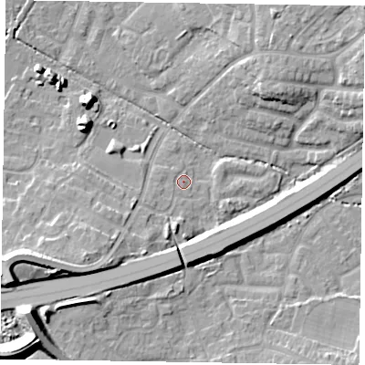 Shaded relief map of the ground around GU149JR, computed from Environment Agency LiDAR. The ground here sits at about 64 m above sea level and falls 15 m across the surrounding 800 m. Surface water reaching this point runs off ground lying to the north-east, 10.0 m higher.
