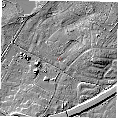 Shaded relief map of the ground around GU149JU, computed from Environment Agency LiDAR. The ground here sits at about 64 m above sea level and falls 13 m across the surrounding 800 m. Surface water reaching this point runs off ground lying to the south-west, 12.4 m higher.
