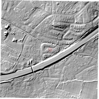 Shaded relief map of the ground around GU149JW, computed from Environment Agency LiDAR. The ground here sits at about 64 m above sea level and falls 12 m across the surrounding 800 m. Surface water reaching this point runs off ground lying to the east-north-east, 9.0 m higher.