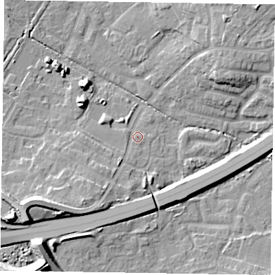 Shaded relief map of the ground around GU149LA, computed from Environment Agency LiDAR. The ground here sits at about 65 m above sea level and falls 15 m across the surrounding 800 m. Surface water reaching this point runs off ground lying to the west-south-west, 10.3 m higher.