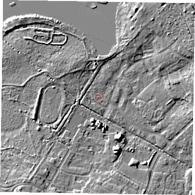Shaded relief map of the ground around GU149LJ, computed from Environment Agency LiDAR. The ground here sits at about 64 m above sea level and falls 11 m across the surrounding 800 m. Surface water reaching this point runs off ground lying to the west, 1.6 m higher.