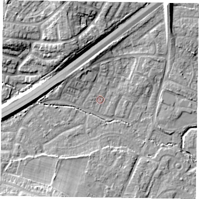 Shaded relief map of the ground around GU149ND, computed from Environment Agency LiDAR. The ground here sits at about 62 m above sea level and falls 12 m across the surrounding 800 m. Surface water reaching this point runs off ground lying to the north-east, 7.8 m higher.