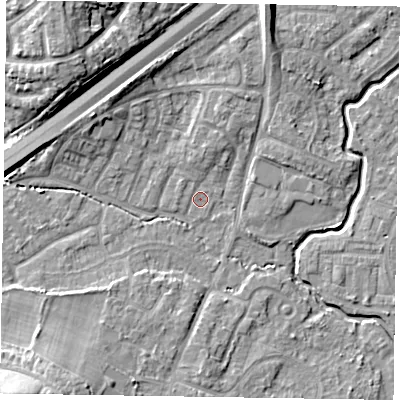 Shaded relief map of the ground around GU149NF, computed from Environment Agency LiDAR. The ground here sits at about 61 m above sea level and falls 13 m across the surrounding 800 m. Surface water reaching this point runs off ground lying to the north, 1.9 m higher.