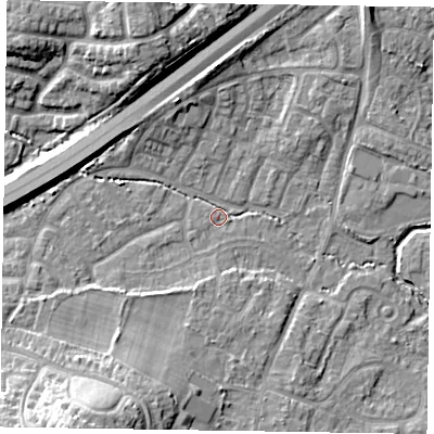 Shaded relief map of the ground around GU149NG, computed from Environment Agency LiDAR. The ground here sits at about 62 m above sea level and falls 16 m across the surrounding 800 m. Surface water reaching this point runs off ground lying to the south-west, 14.4 m higher.
