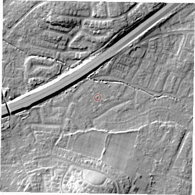 Shaded relief map of the ground around GU149NP, computed from Environment Agency LiDAR. The ground here sits at about 62 m above sea level and falls 15 m across the surrounding 800 m. Surface water reaching this point runs off ground lying to the south-south-west, 0.7 m higher.