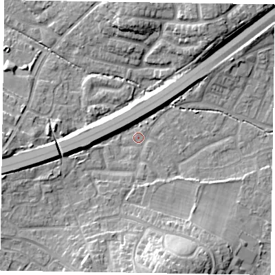 Shaded relief map of the ground around GU149NU, computed from Environment Agency LiDAR. The ground here sits at about 63 m above sea level and falls 15 m across the surrounding 800 m. Surface water reaching this point runs off ground lying to the south-south-east, 2.0 m higher.