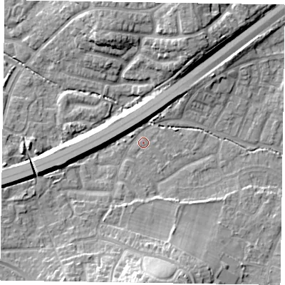 Shaded relief map of the ground around GU149NW, computed from Environment Agency LiDAR. The ground here sits at about 63 m above sea level and falls 13 m across the surrounding 800 m. Surface water reaching this point runs off ground lying to the south, 12.5 m higher.