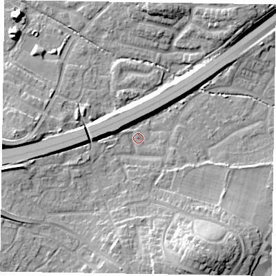 Shaded relief map of the ground around GU149PD, computed from Environment Agency LiDAR. The ground here sits at about 63 m above sea level and falls 14 m across the surrounding 800 m. Surface water reaching this point runs off ground lying to the south-south-east, 12.4 m higher.