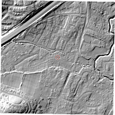 Shaded relief map of the ground around GU149PQ, computed from Environment Agency LiDAR. The ground here sits at about 62 m above sea level and falls 16 m across the surrounding 800 m. Surface water reaching this point runs off ground lying to the south-west, 13.7 m higher.