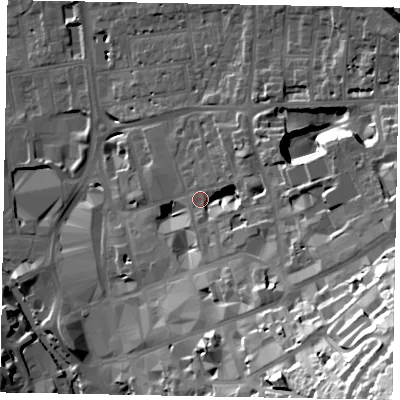 Shaded relief map of the ground around GU14BZ, computed from Environment Agency LiDAR. The ground here sits at about 41 m above sea level and falls 71 m across the surrounding 800 m. Surface water reaching this point runs off ground lying to the south-east, 63.5 m higher.