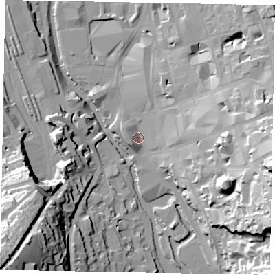 Shaded relief map of the ground around GU14EH, computed from Environment Agency LiDAR. The ground here sits at about 32 m above sea level and falls 59 m across the surrounding 800 m. Surface water reaching this point runs off ground lying to the east, 14.4 m higher.