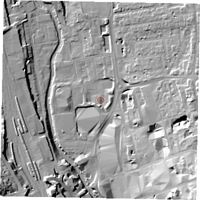 Shaded relief map of the ground around GU14PS, computed from Environment Agency LiDAR. The ground here sits at about 32 m above sea level and falls 29 m across the surrounding 800 m. Surface water reaching this point runs off ground lying to the east, 14.8 m higher.