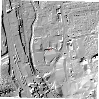 Shaded relief map of the ground around GU14PX, computed from Environment Agency LiDAR. The ground here sits at about 30 m above sea level and falls 26 m across the surrounding 800 m. Surface water reaching this point runs off ground lying to the east, 12.1 m higher.