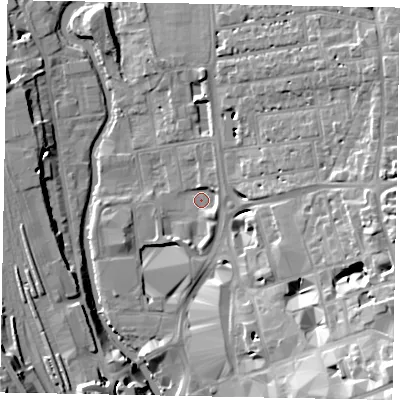 Shaded relief map of the ground around GU14PZ, computed from Environment Agency LiDAR. The ground here sits at about 32 m above sea level and falls 27 m across the surrounding 800 m. Surface water reaching this point runs off ground lying to the south-east, 3.0 m higher.
