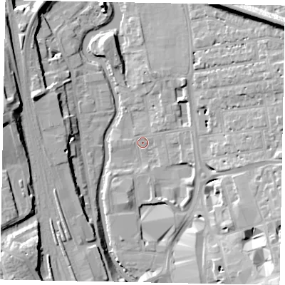 Shaded relief map of the ground around GU14QL, computed from Environment Agency LiDAR. The ground here sits at about 31 m above sea level and falls 18 m across the surrounding 800 m. Surface water reaching this point runs off ground lying to the east-south-east, 11.3 m higher.