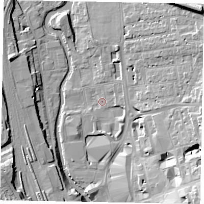 Shaded relief map of the ground around GU14QS, computed from Environment Agency LiDAR. The ground here sits at about 32 m above sea level and falls 21 m across the surrounding 800 m. Surface water reaching this point runs off ground lying to the east-south-east, 13.2 m higher.