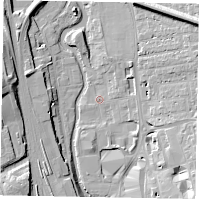 Shaded relief map of the ground around GU14QT, computed from Environment Agency LiDAR. The ground here sits at about 32 m above sea level and falls 19 m across the surrounding 800 m. Surface water reaching this point runs off ground lying to the east, 1.3 m higher.