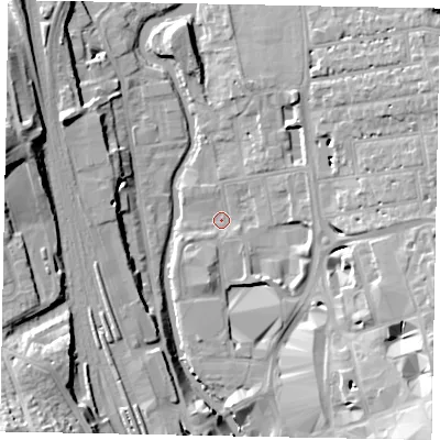 Shaded relief map of the ground around GU14QU, computed from Environment Agency LiDAR. The ground here sits at about 31 m above sea level and falls 25 m across the surrounding 800 m. Surface water reaching this point runs off ground lying to the east-south-east, 10.8 m higher.
