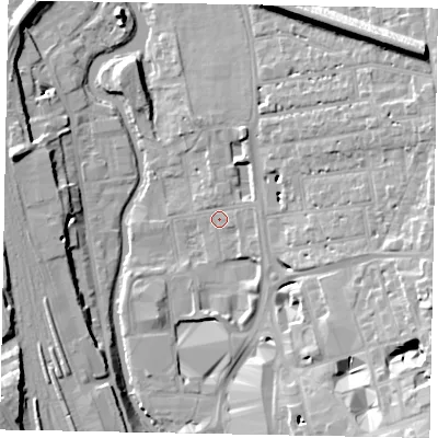 Shaded relief map of the ground around GU14QW, computed from Environment Agency LiDAR. The ground here sits at about 33 m above sea level and falls 20 m across the surrounding 800 m. Surface water reaching this point runs off ground lying to the east, 11.8 m higher.