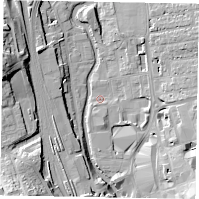 Shaded relief map of the ground around GU14QX, computed from Environment Agency LiDAR. The ground here sits at about 31 m above sea level and falls 26 m across the surrounding 800 m. Surface water reaching this point runs off ground lying to the east-south-east, 9.3 m higher.