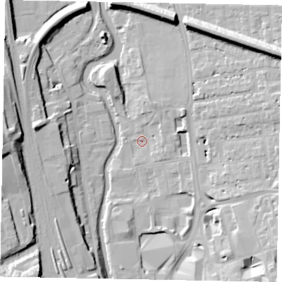 Shaded relief map of the ground around GU14QZ, computed from Environment Agency LiDAR. The ground here sits at about 31 m above sea level and falls 18 m across the surrounding 800 m. Surface water reaching this point runs off ground lying to the east-south-east, 9.8 m higher.
